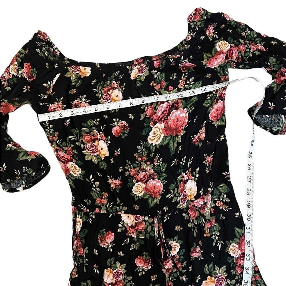 Black Floral Print Off the Shoulder Drawstring Waist Short Romper M - Picture 8 of 10